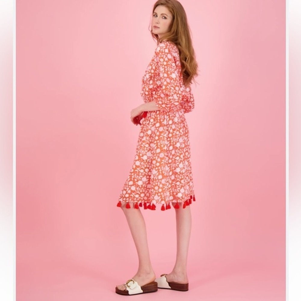 Mer St. Barth Floral Tassel Hem Tie Neck Mini Dress Large‎ Lined Resortwear